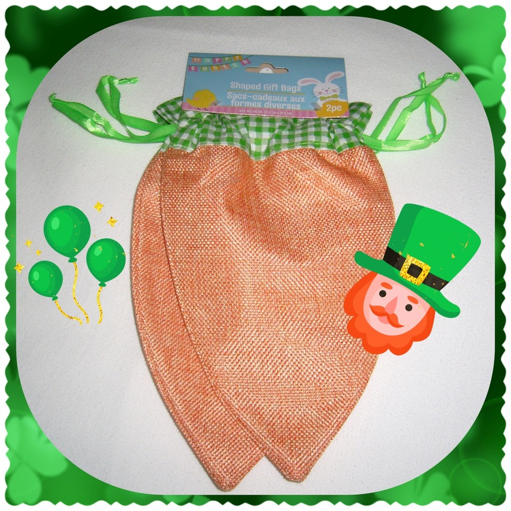 Carrot Shaped Burlap Orange Multiuse Draw String Gift Bag Set 2 new